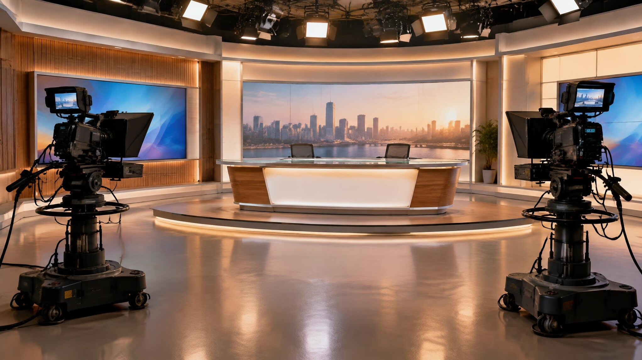 Empty television studio with professional cameras and stage lights