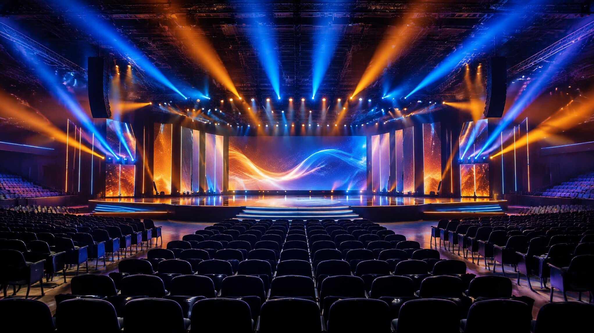 Wide shot of an event stage with colorful lights