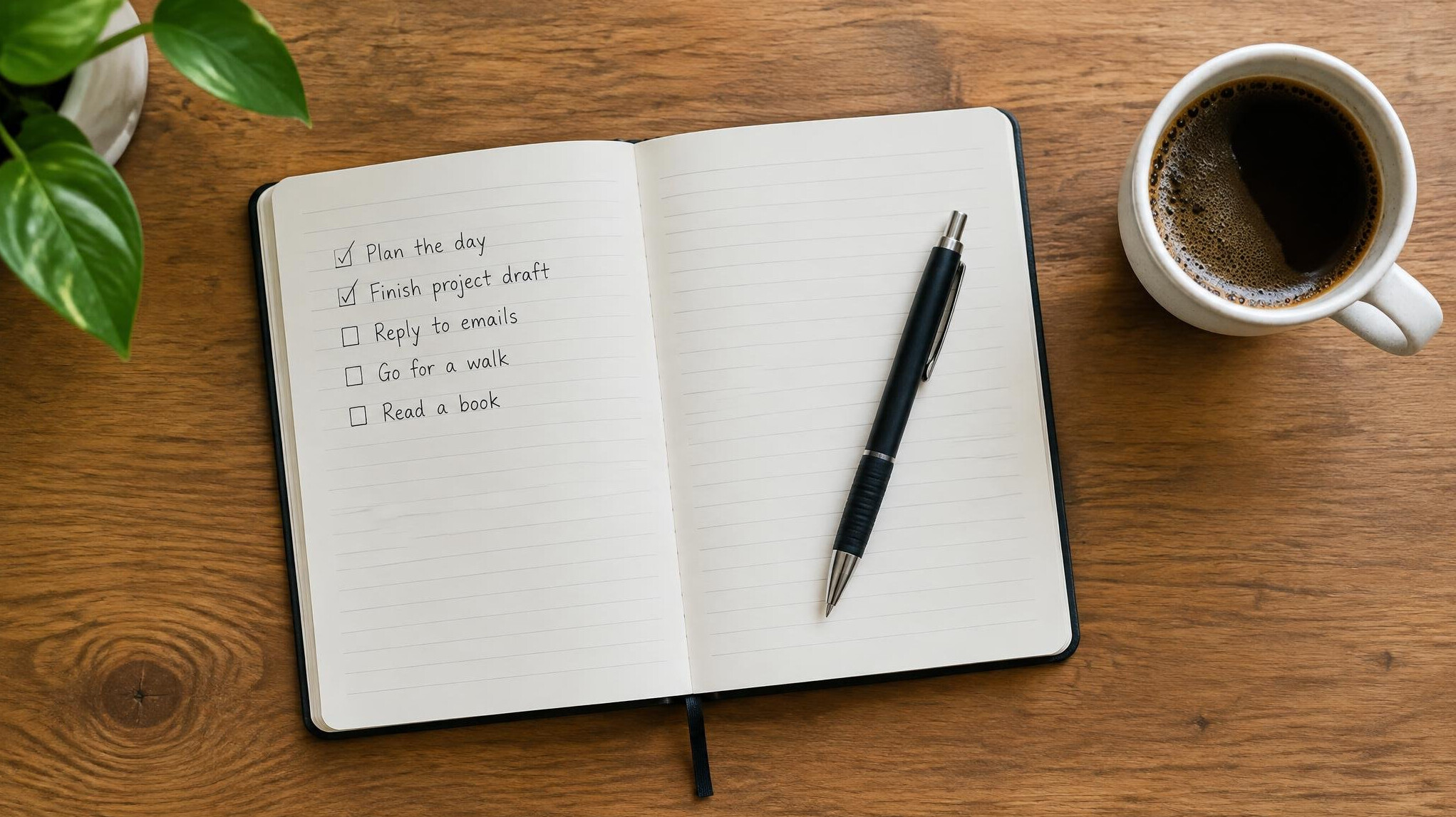 Notebook with a checklist and a pen on a wooden desk